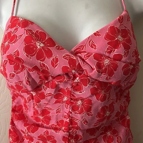 Zara Womens Pink‎ Red Floral Ruched Bodycon Mini Dress Sz Med Summer 💕 - Picture 10 of 14